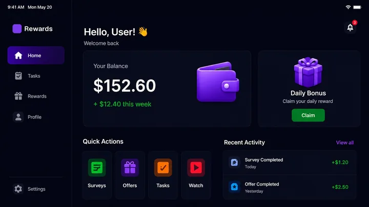 Rewards app for Android: Tablet layout