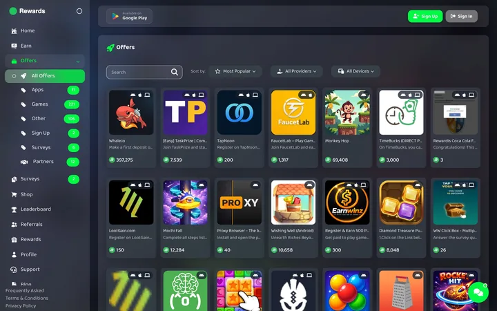 Rewards website: Offers